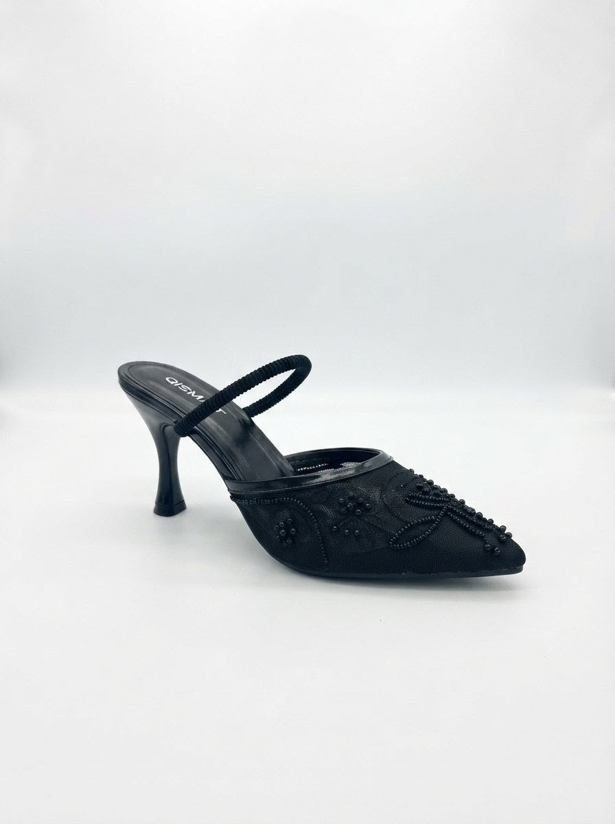 Luxury Embroidered Heels with Pearls for Women BLACK