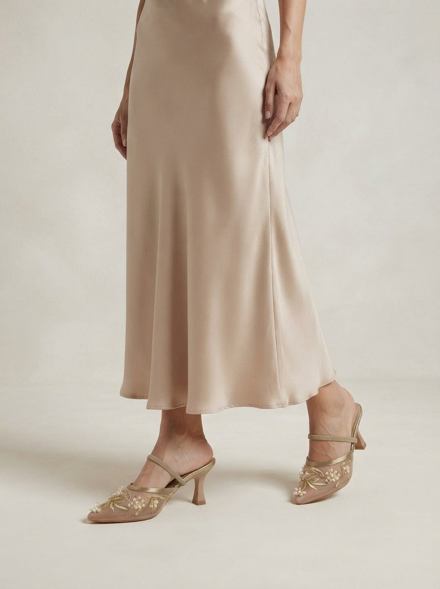 Luxury Embroidered Heels with Pearls for Women, Beige