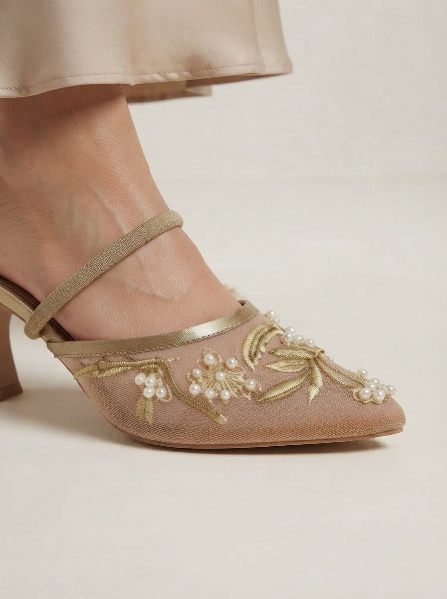 Luxury Embroidered Heels with Pearls for Women, Beige