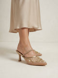 Luxury Embroidered Heels with Pearls for Women, Beige