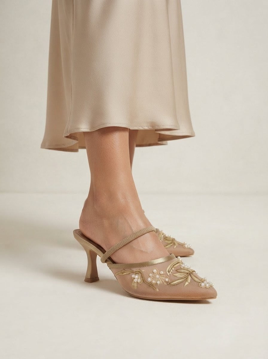 Luxury Embroidered Heels with Pearls for Women, Beige
