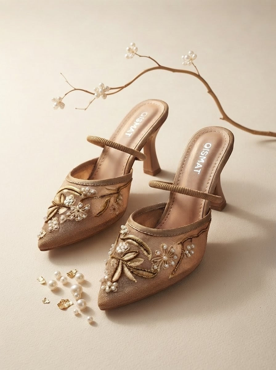 Luxury Embroidered Heels with Pearls for Women, Beige