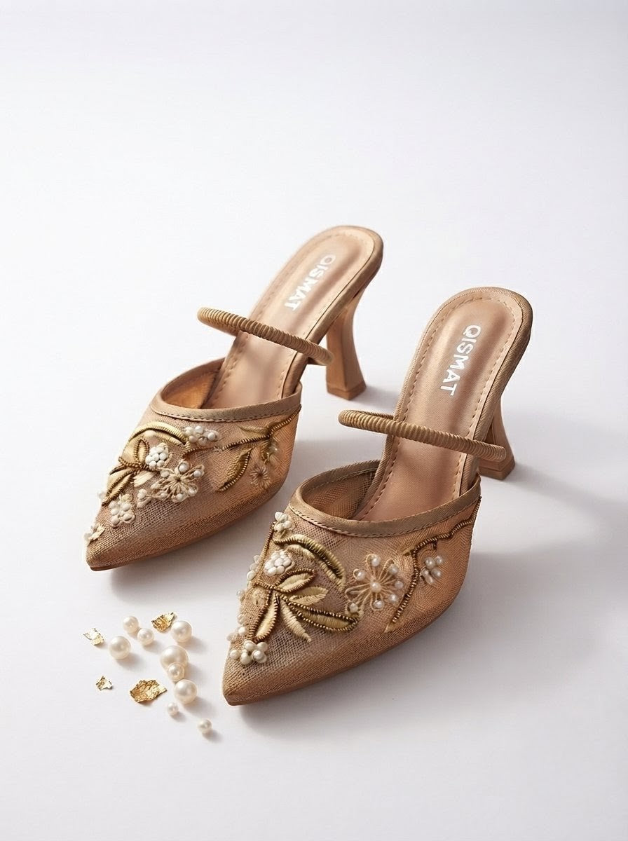 Luxury Embroidered Heels with Pearls for Women, Beige