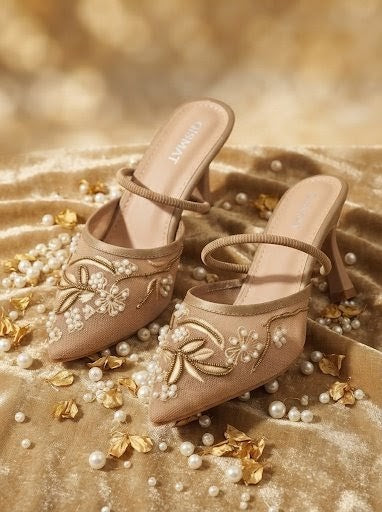 Luxury Embroidered Heels with Pearls for Women, Beige