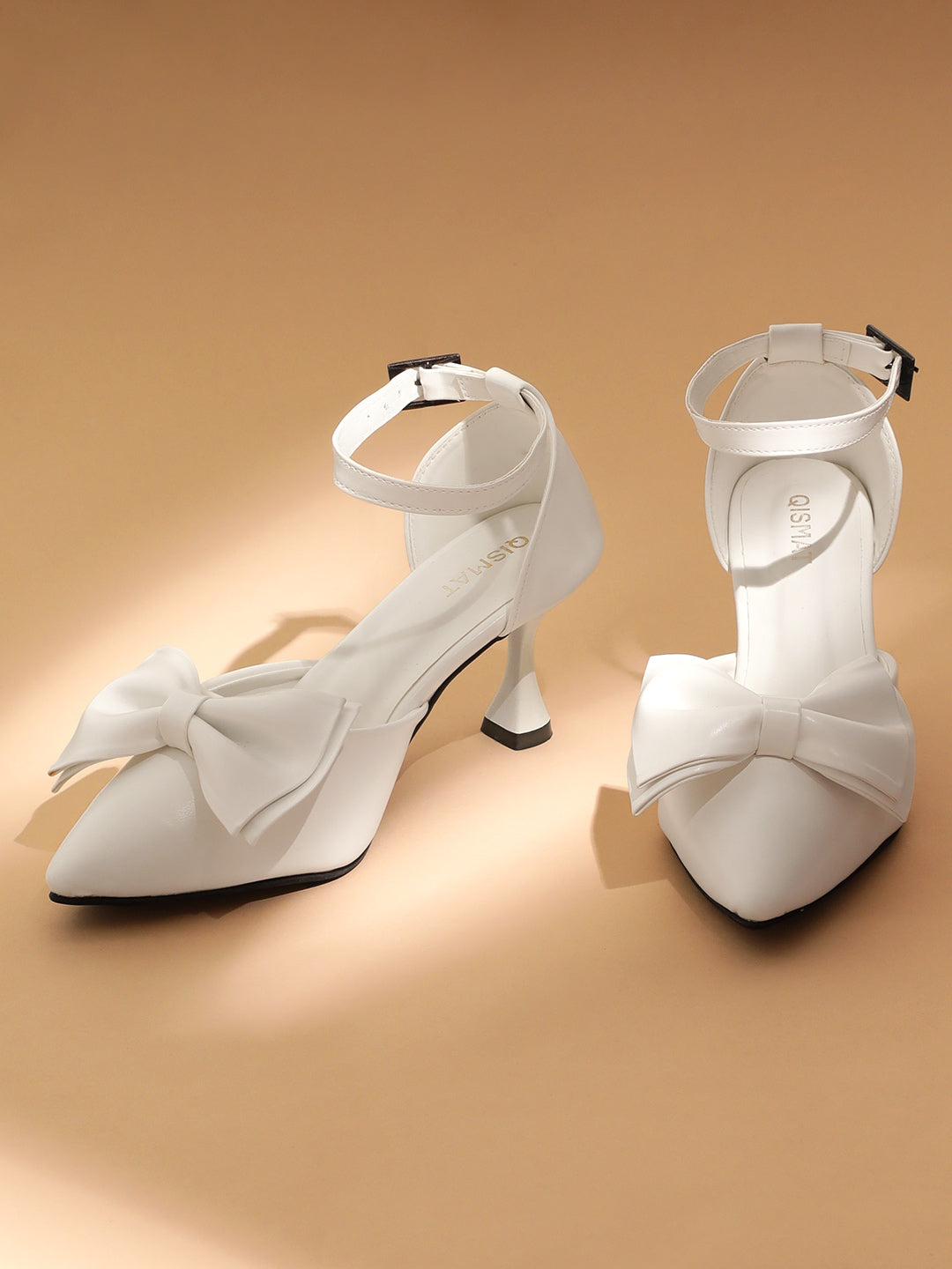 Qismat Elegant Women's Heels – Butterfly Knot in White