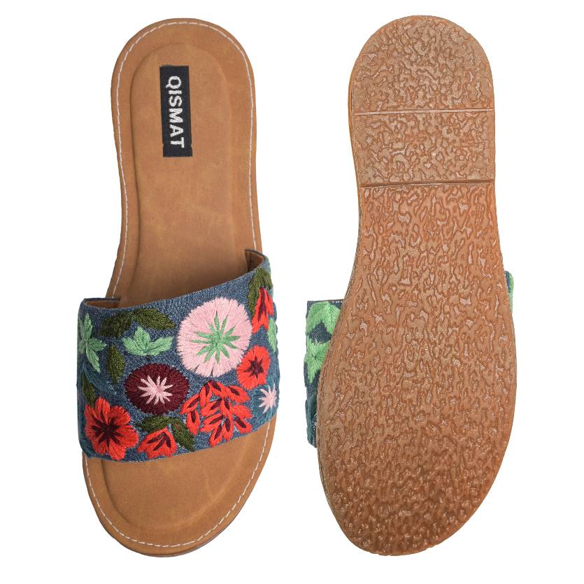 Handstiched Floral Slider with Anti-Slip TPR Soul