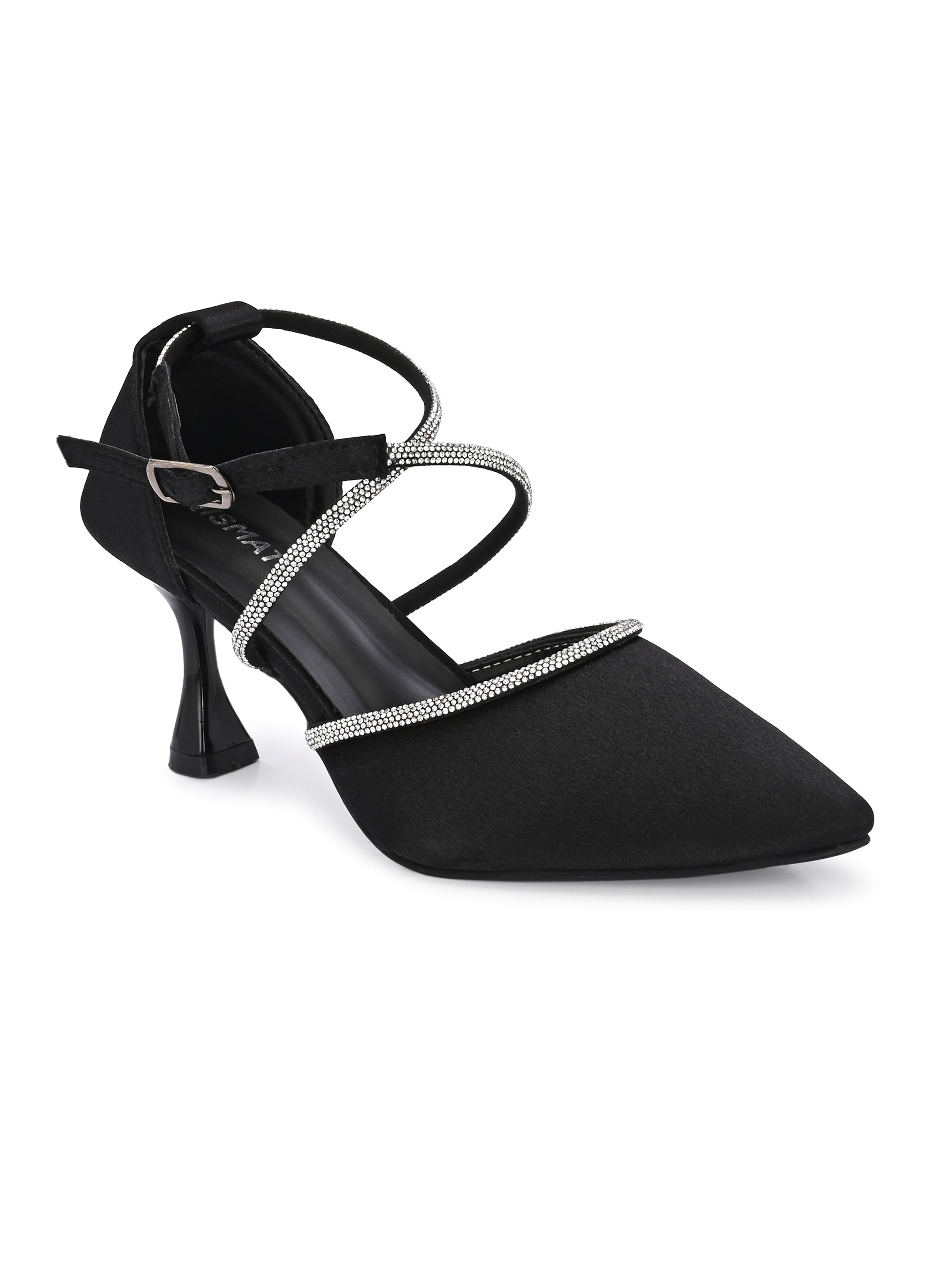Black Satin Korean Heels for Women