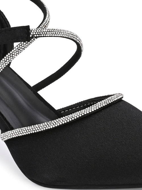 Black Satin Korean Heels for Women