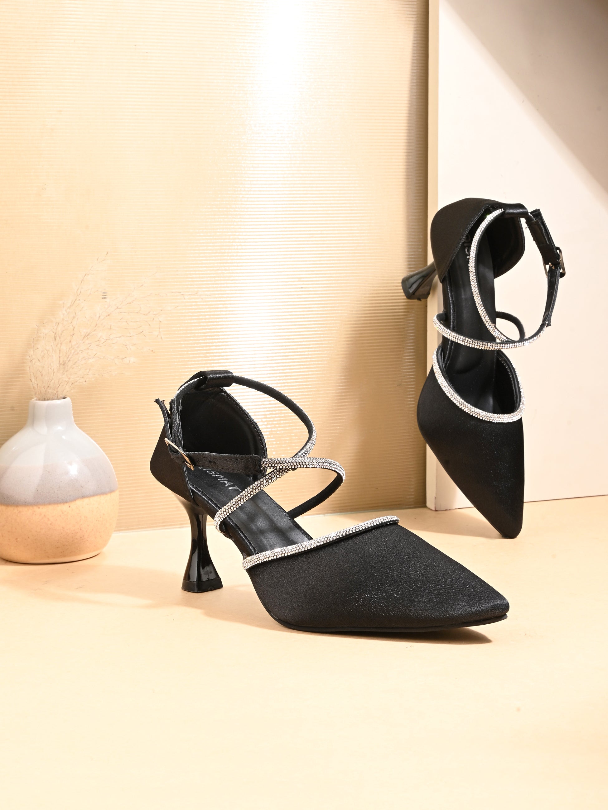Black Satin Korean Heels for Women