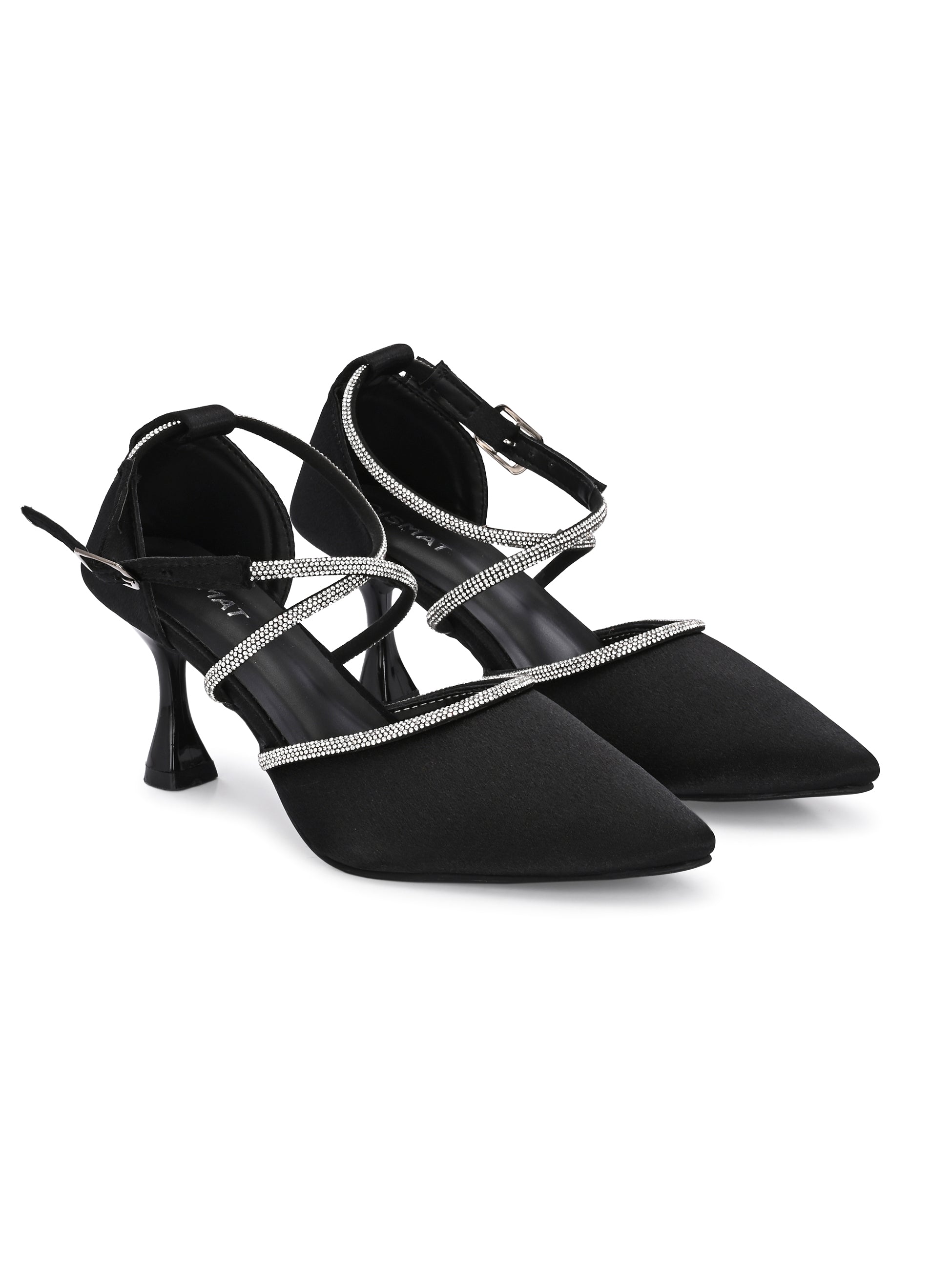 Black Satin Korean Heels for Women