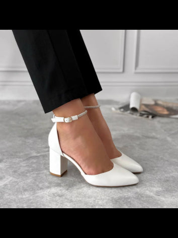 Pearl White Block Heels with Belt