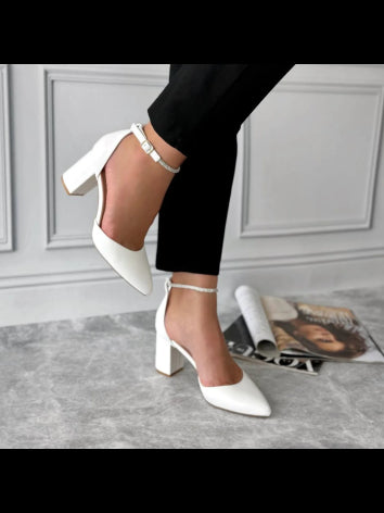 Pearl White Block Heels with Belt
