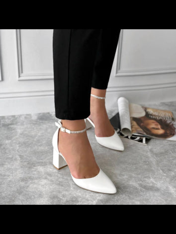 Pearl White Block Heels with Belt