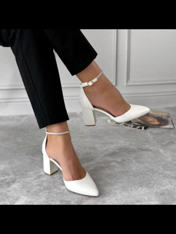 Pearl White Block Heels with Belt