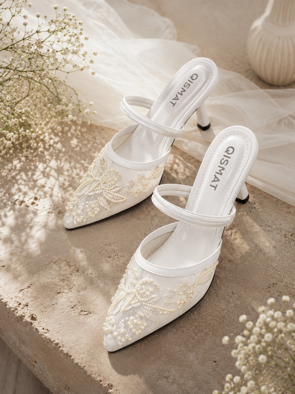 Luxury Embroidered Heels with Pearls for Women