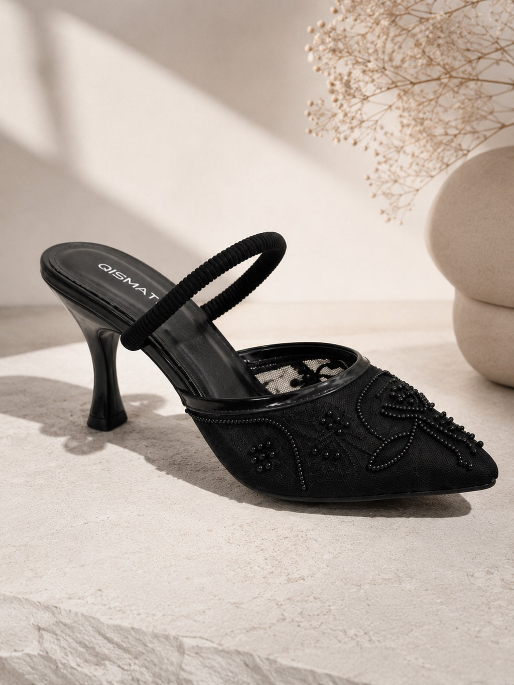 Luxury Embroidered Heels with Pearls for Women BLACK