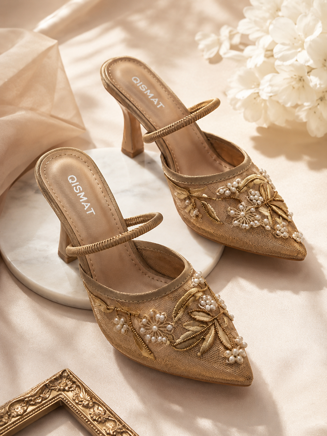 Luxury Embroidered Heels with Pearls for Women, Beige