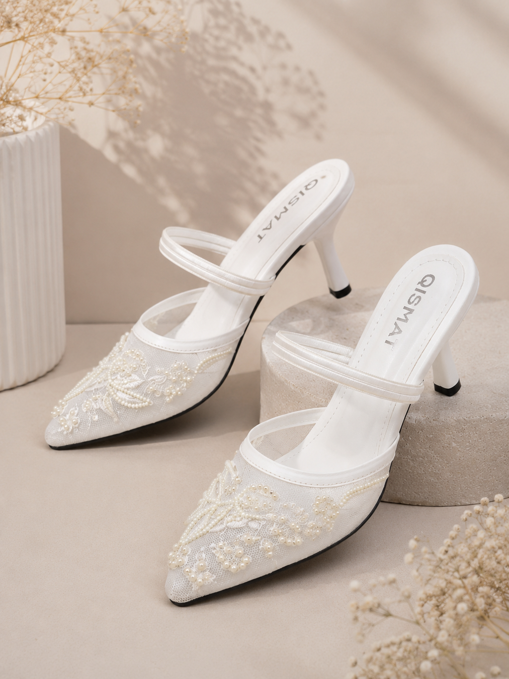 Luxury Embroidered Heels with Pearls for Women