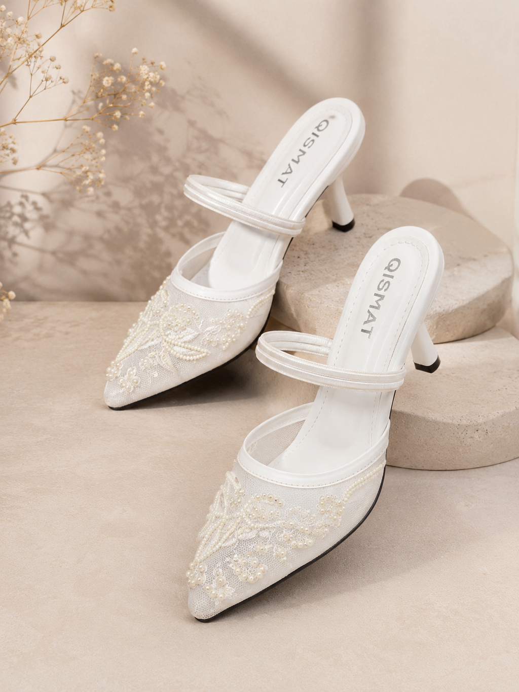 Luxury Embroidered Heels with Pearls for Women