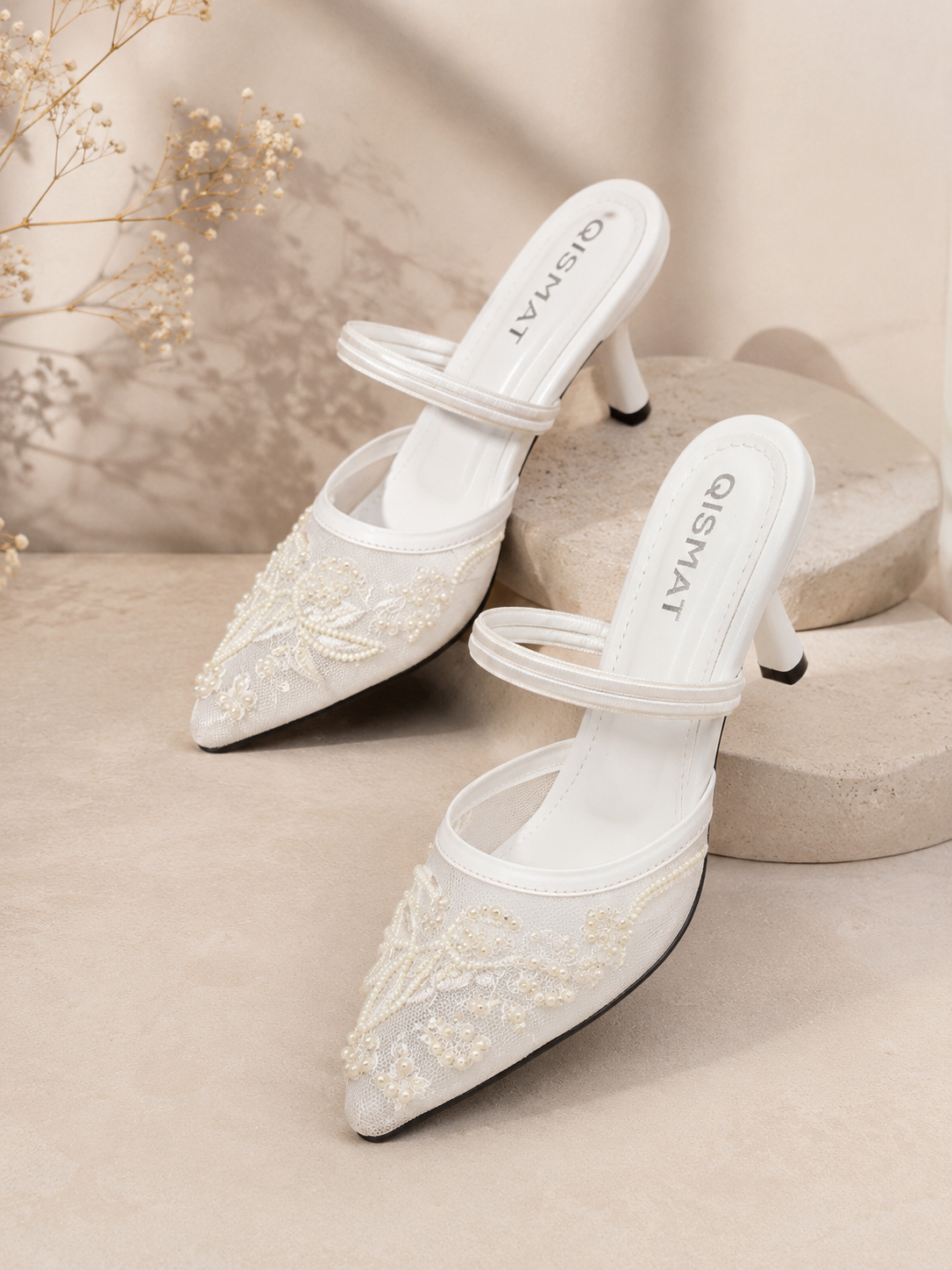 Luxury Embroidered Heels with Pearls for Women