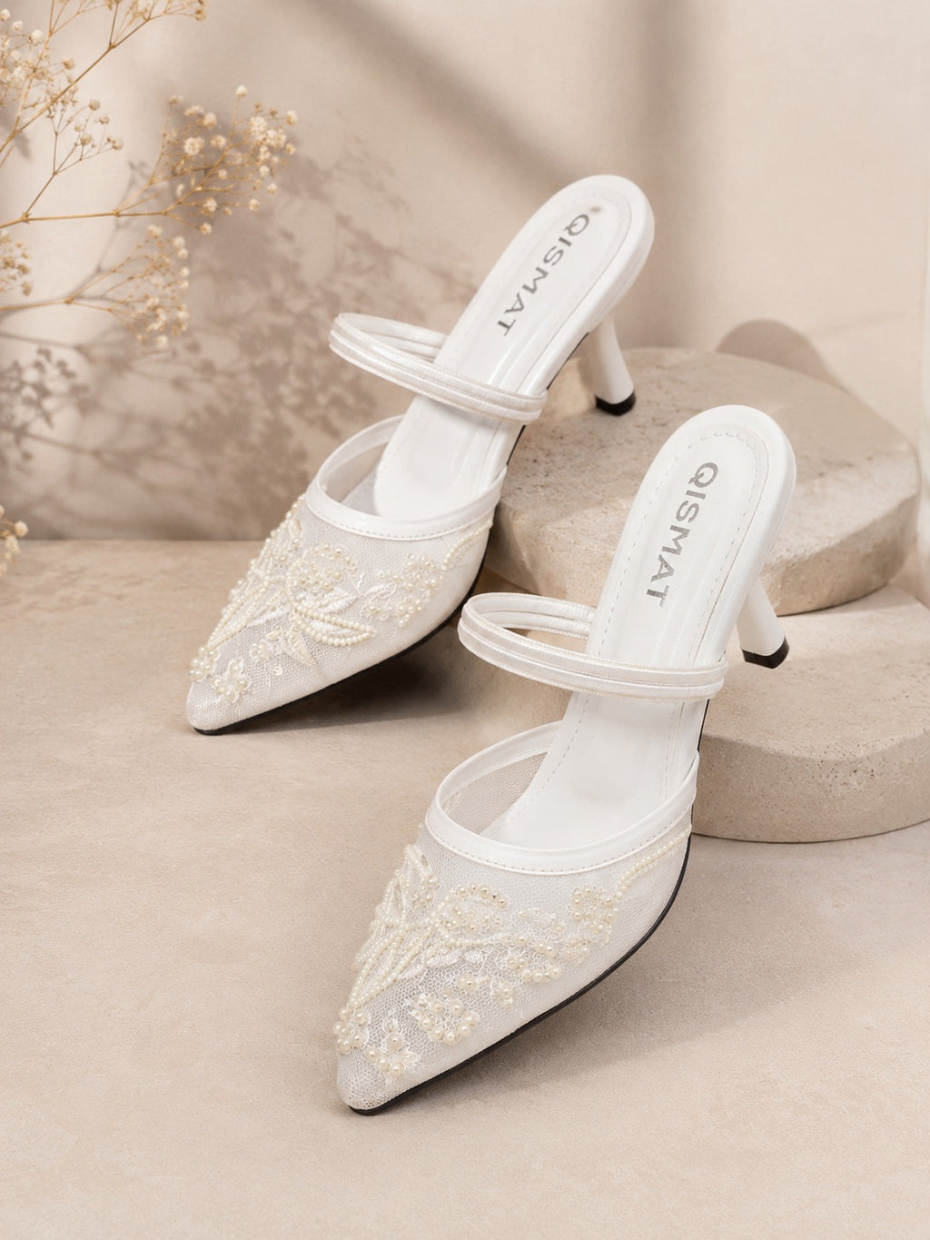 Luxury Embroidered Heels with Pearls for Women